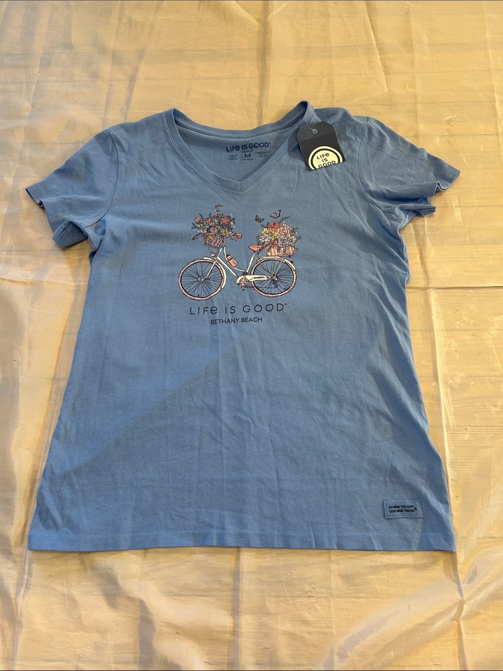 Life Is Good Blue V-Neck Tee with Floral Bicycle Graphic